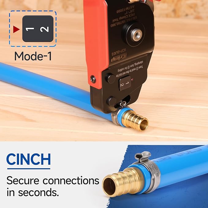 iCrimp One-Hand PEX Pipe Cinch Tool Kit, PEX Crimping Tool with Removing Function for 3/8-1 inch Clamp Rings, with 20PCS 1/2-in, 10PCS 3/4-in PEX Clamps and Pipe Cutter