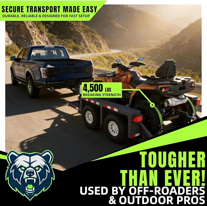 UTV Wheel Chock Tie-Down Kit, 4-Pack 2" x 10' E Track Ratchet Straps, 4,500lb Break Strength, Heavy Duty Trailer Tire Straps for SXS, UTV, ATV, Lawn Mower (Neon Green, 4pack)
