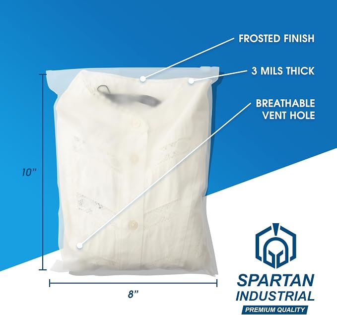 Spartan Industrial - 8" X 10" (500 Count) 3 Mil Frosted Zipper Bags for With Vent Hole - Reclosable Plastic Bags for Clothes, T-Shirts, Leggings