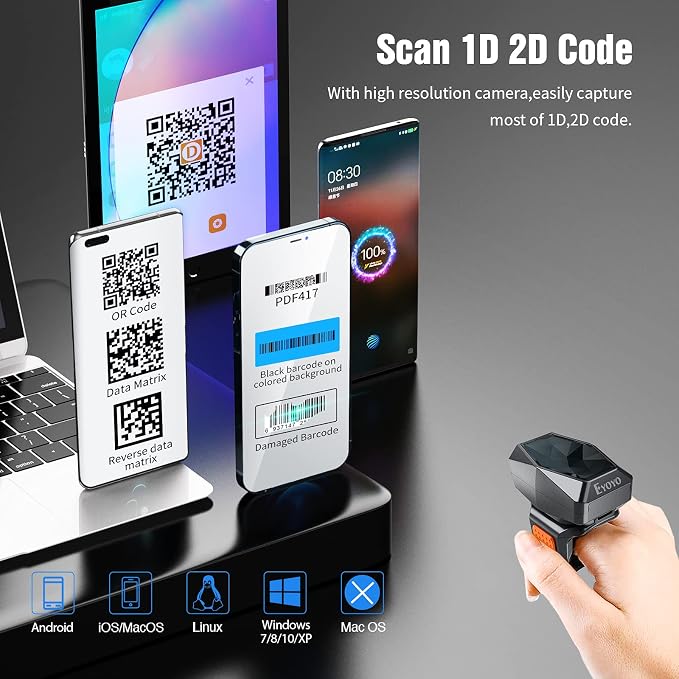 Eyoyo 2D Bluetooth Ring Barcode Scanner,Wearable Wrist Finger Wireless Scanner, Left/Right-Hand Operation,1D QR PDF417 Data Matrix Reader Compatible with iPhone, Android, Windows,Mac OS