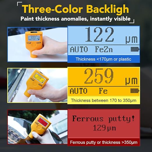 Paint Thickness Gauge for car with APP, One-Click Vehicle Report Al/Fe/Non-Metal Auto Detection, Dual Display 0–5000μm Car Paint Thickness Tester Pen(Ruby Probe)