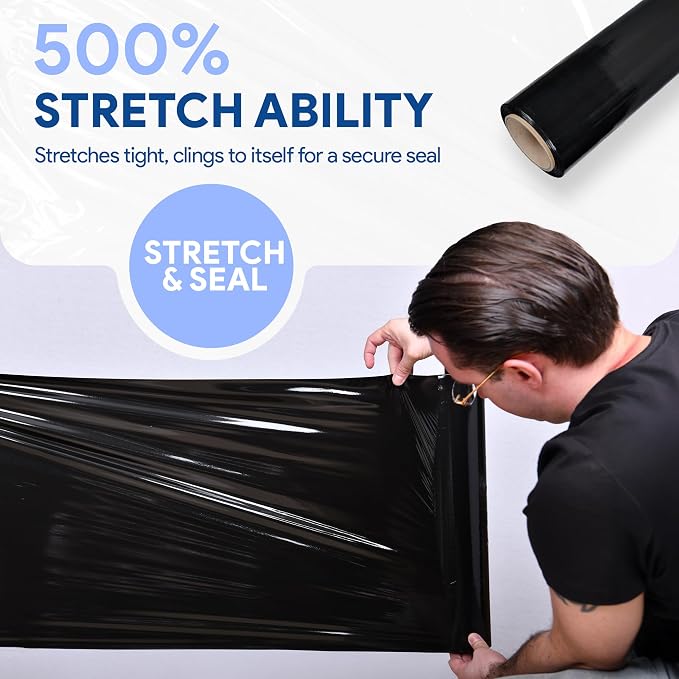 International Plastics Co. Black 18" Stretch Film/Wrap 1500 feet 7 Layers 80 Gauge Industrial Strength 800% Stretch 20 Microns Durable Adhering Packing Moving Heavy Duty Shrink Film (1 Pack, Black)