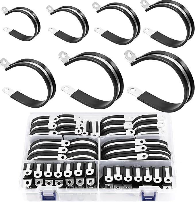 56PCS Large Stainless Steel Rubber Coated Cushioned Insulated Cable Clamps Assortment Kit - Automotive & Pipe Clamps in 7 Sizes - 3/4" to 2"