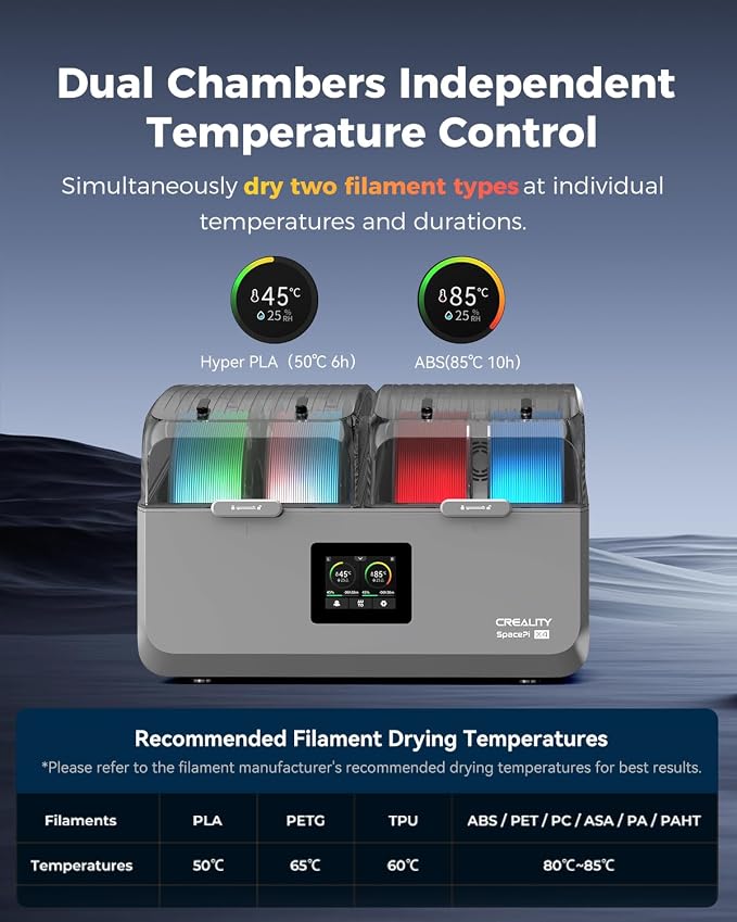 Creality Space Pi X4 Filament Dryer, 4 Spools Filament Dry Box with Dual-Chamber Heated Storage, Max 85℃ Temerature, Independent Temperature Control for PLA, PETG, ABS, TPU, Nylon, ASA