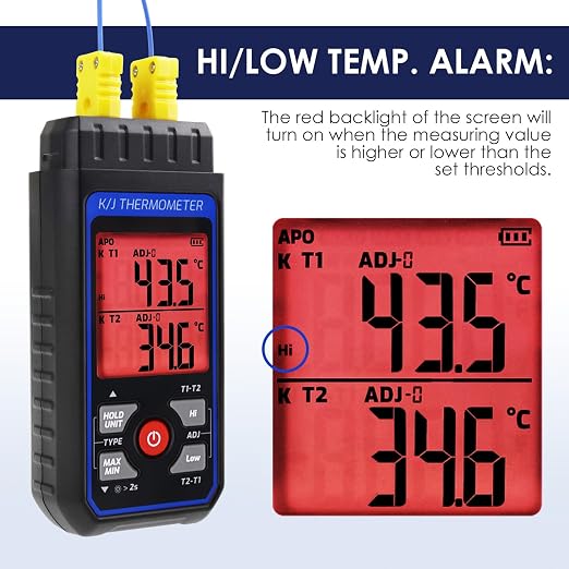 Dual-Channel K/J Thermocouple Thermometer with 4 K-Type Thermocouples -328°F ~ 2501°F Measurement Range HVAC Temperature Meter Gauge with Data Hold, MAX/MIN/AVG, Hi/Lo Backlit Alarm, ADJ Compensation