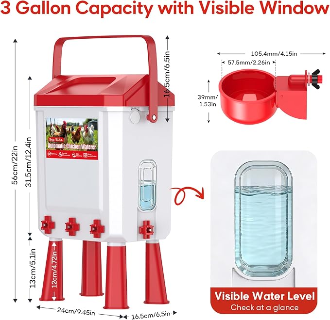 3 Gallons Automatic Chicken Waterer with 8 Chicken Water Cups, 8 Nipples, 6 Plugs, Float-Controlled Chicken Water Feeder with 60 Inch 3/4'' Water Hose, Poultry Waterer Perfect for Chicks, Duck, Goose