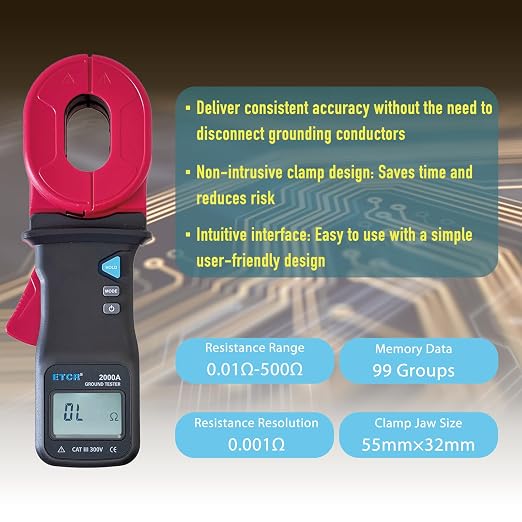 ETCR2000A Digital Clamp Ground Earth Resistance Meter Tester 500Ω | Non-contact clamp-on design enables fast loop resistance measurement without disconnecting ground wires, with 55mm×32mm jaw