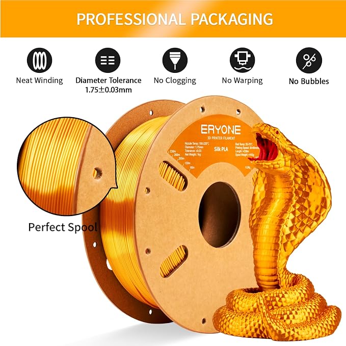 ERYONE Silk Color PLA Filament 3D Printer 1.75mm +/- 0.03mm, Shiny Filament Silk PLA 1KG(2.2lbs) Cardboard Spool, Silk Gold