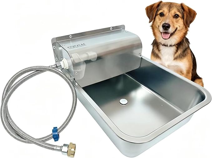 304 Stainless Steel Automatic Dog Waterer - 11L Large Capacity Pet Water Dispenser with 3/4" Brass Adapter & Drain Hole, Anti-Leak Design for Dogs, Cats, Alpacas & Livestock, Outdoor Farm Use
