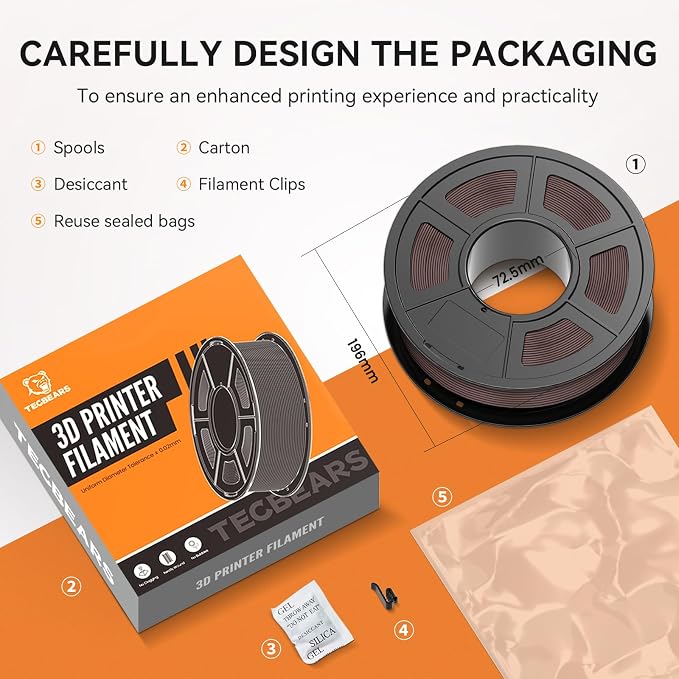TECBEARS Oak Matte PLA 3D Printer Filament 1KG | Smooth Extrusion, Tangle Free, Vacuum Sealed, 1.75MM Filament ±0.02mm Accuracy, Compatible with Most FDM Printers