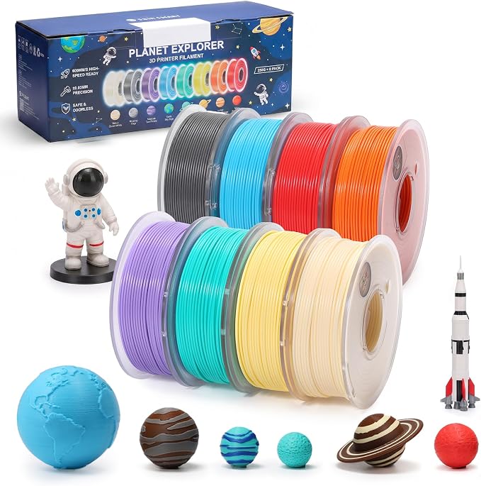 SainSmart PLA Filament 1.75mm, Planet Explorer 8-Color Mini Spool Bundle, 250g Each, High-Speed PLA, +/-0.02mm Accuracy, Easy-to-Print, Compatible with Most FDM 3D Printers