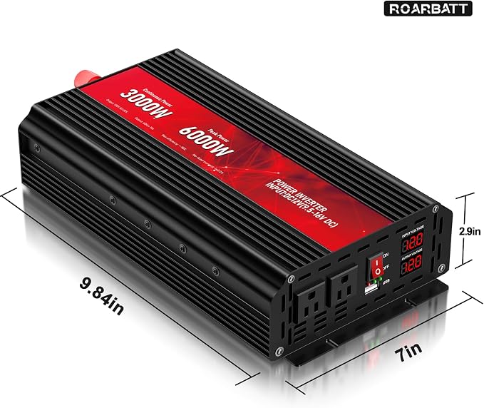 3000W Power Inverter 12V DC to 110V/120V AC, 6000W Peak Car Inverter with 2 AC Outlets, 2.4A USB Port & LCD Display, Portable Backup Power Converter for RV, Truck, Solar, Camping, Off-Grid & Emergency