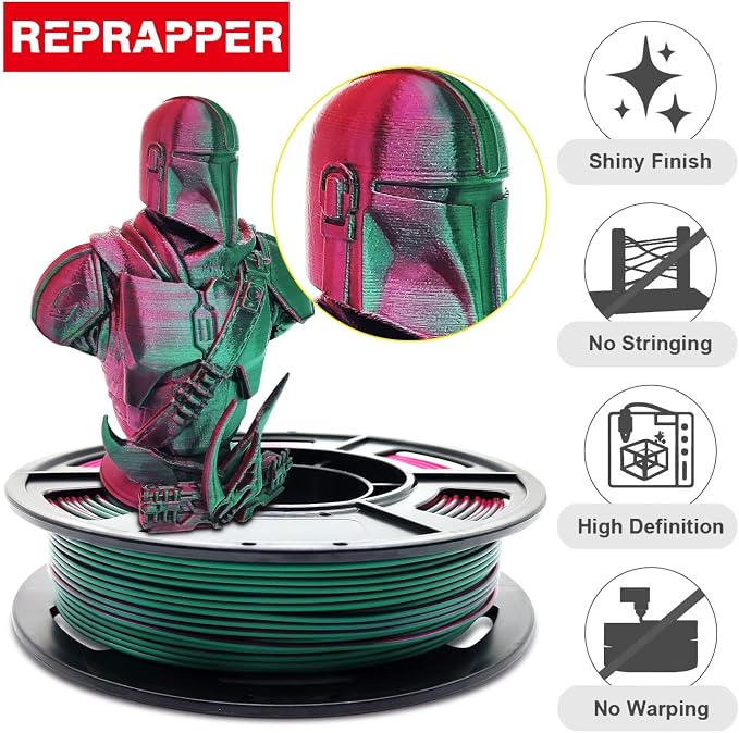 Reprapper 4X 250g Color Pack, Dual Color Filament Coextrusion PLA Filament 1.75mm for 3D Printer, 4 x 250g Spools Matte Red/Blue, Matte Purple/Green, Silk Red/Blue, Silk Purple/Green