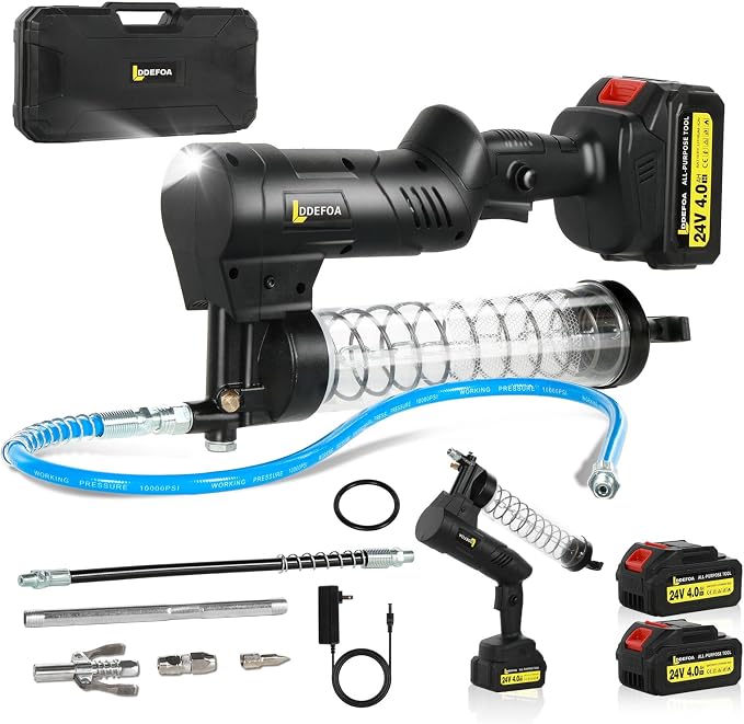 Electric Grease Gun, Upgraded Cordless Grease Gun 2-in-1 Dual Pistol & In-Line Grip, 12000 PSI 7oz/min Flow, 2×4.0Ah battery , 39.4" & 11.8" grease gun hose 4 Couplers Light, for Farm Truck Mechanics
