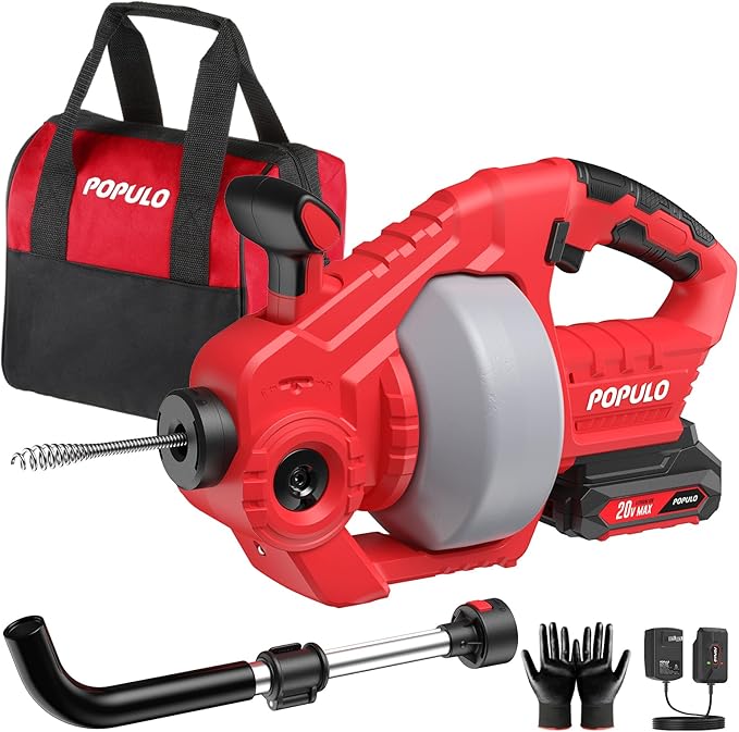 POPULO 20V Electric Cordless Drain Snake,25Ft Drain Auger with 2.0Ah Battery,Extension Tube and Charger,Snake Drain Clog Remover Tool for Toilet,Floor Drain,Sink and Shower 3/4"-2" Pipe