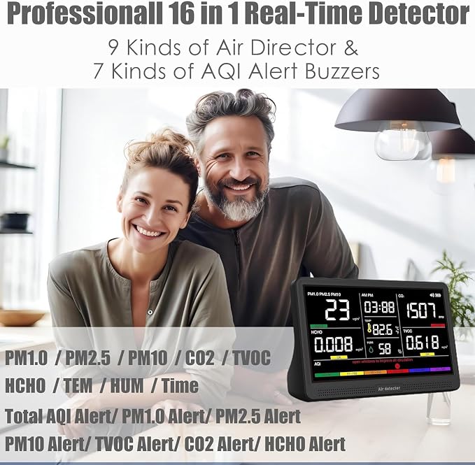 Professional Indoor Air Quality Monitor with 7X AQI Beep Alarms,16 in 1 Portable Real-Time Detector for PM2.5 | PM10 | CO2 | TVOC | HCHO | Temp | Hum for Home Cars Plants Pets (Aerolite Black)