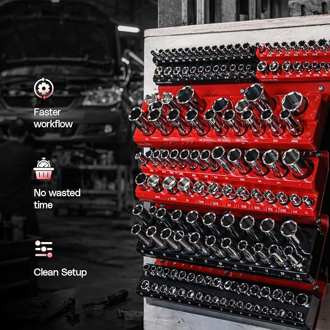 Socket Buddy Magnetic Socket Organizer Set, 6PCS Socket Holder,1/8" to 1-1/4" Sockets Holds 143 Pieces Magnetic Sockets Trays (Black&red)
