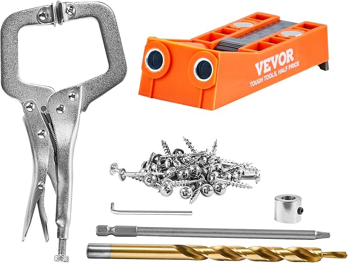 VEVOR Pocket Hole Jig, 56 Pcs Mini Jig Pocket Hole System with 9" C-clamp, Step Drill, Wrench, Drill Stop Ring, Square Drive Bit, and Screws, for DIY Carpentry Projects