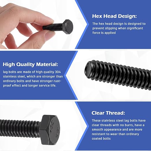 Zonon 50 Pcs 1/4-20 x 1 Hex Head Screw Bolt 18-8 (304) Stainless Steel Hexagon Bolts, Fully Threaded, Plain Finish, External Hex Drive (Black)