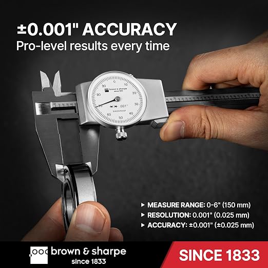 Brown & Sharpe 6-Inch Dial Caliper – Precision Stainless Steel Measuring Tool, White Dial, 0.001" Resolution, Hardened Construction, Shockproof Movement
