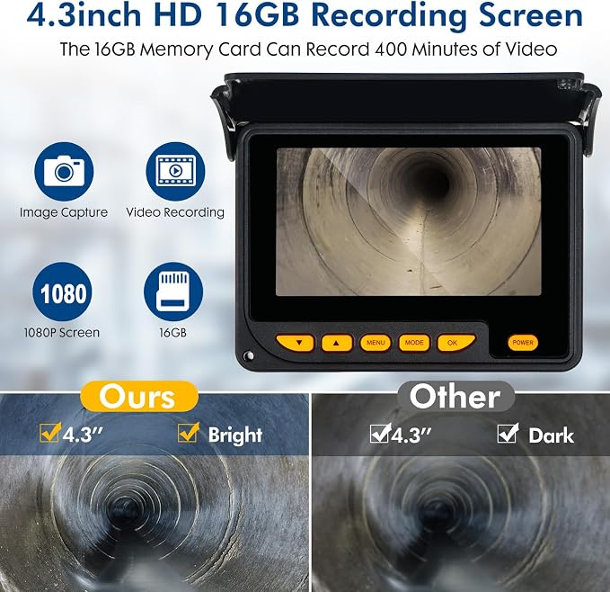 Snake Sewer Camera,with 8500mA Battery 16GB Card,JQKJCAM Sewer Pipe Wall Duct Inspection Camera with Light Meter Counter,17MM/0.67IN Industrial Endoscope Borescopes for Plumber Householder(40M)