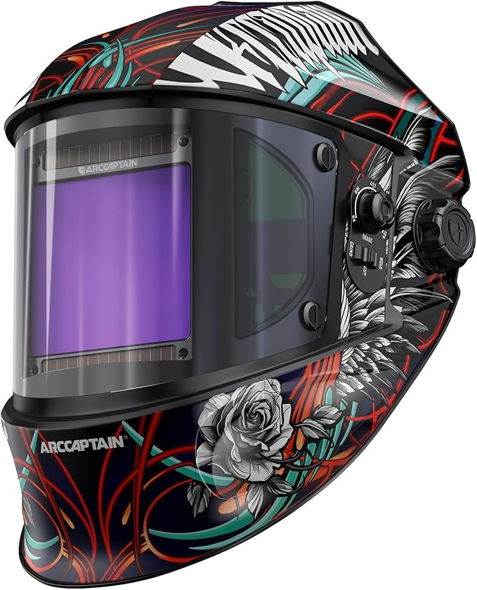 ARCCAPTAIN Auto Darkening Welding Helmet with Side View, 180° Panoramic View, 1/1/1/1 True Color Large Viewing Welding Hood with 4 Arc Sensor Solar Powered, Wide Shade 4/5-9/9-13 for TIG MIG ARC CUT