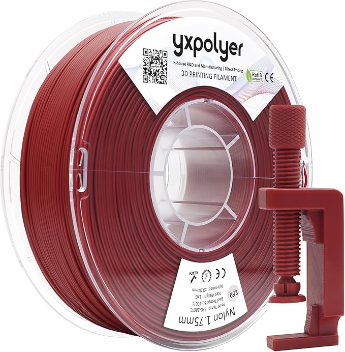 YXPOLYER Nylon Filament PA6 Red Easy PA 3D Printing Filament 1.75mm 1kg | Easy to Print, AMS Compatible Spool, Engineering-grade, Low Warp, FDM Printers, Pre-dried, High Speed Low Temp Printing