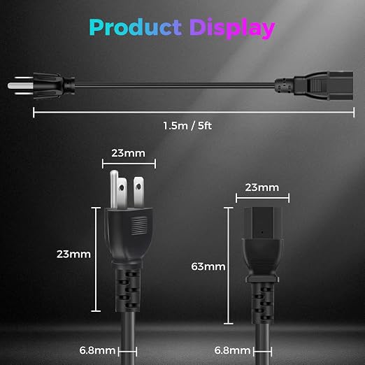 3D Printer Power Cord for Creality Ender 3/K1/K2/Bambu Lab A1/P1S/Flashforge AD5, Standard 1.5M/5FT 18AWG 3 Prong AC Power Cable for Electronics, Computer, TV, Laptop, Printer, Monitor, Radio and More