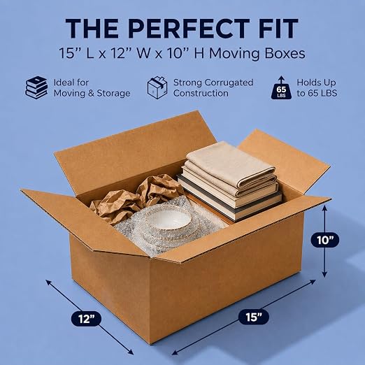 Box USA Moving Boxes 15"L x 12"W x 10"H (25-Pack) Medium - Corrugated Cardboard Box for Shipping, Mailing, Packing, Packaging and Storage
