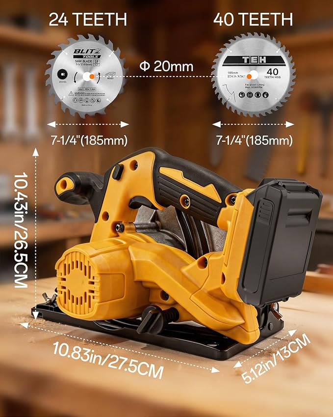 7-1/4" Circular Saw Compatible with Dewalt 20V Max Battery(No Battery) | Cordless Circular Saws with 2 Blades (40T&24T), 0-45°Bevel, 7000RPM for Wood PVC Cutting