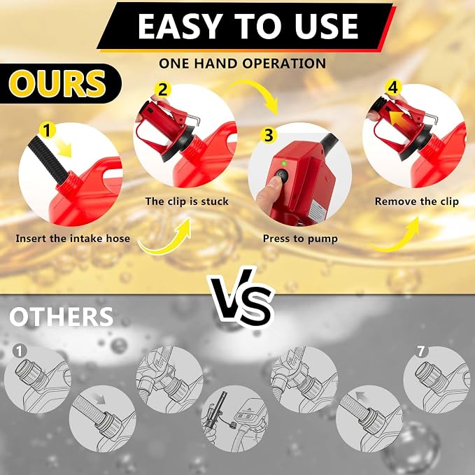 Portable Fuel Transfer Pump with Auto-Stop & Hand Nozzle, 80'' Pumping lift,fit different gas barrel sizes and depths, no adapters needed,3.8GMP, mulitiple power supply,for Gasoline, Diesel, Kerosene