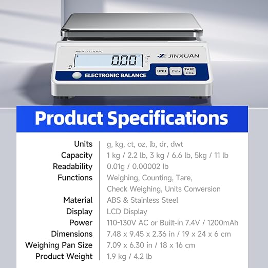 Lab Scale Gram Scale 6000gx0.01g Accuracy Laboratory Balance Scale Digital Scale Electronic Analytical Balance for Jewelry Gold Kitchen Lab, with 7 Units Conversion, 500g Weight, LCD Display