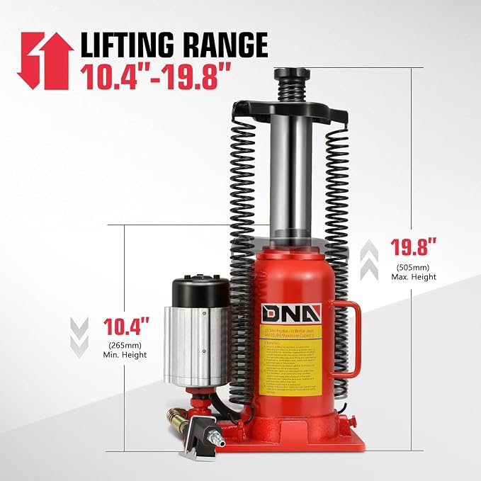 DNA Motoring 20 Ton Air Hydraulic Bottle Jack Air-Operated Hydraulic Bottle Jack Portable Low Profile Manual Jack Air Jack for Car Pickup Truck RV Auto Repair w/Handle, TOOLS-00769