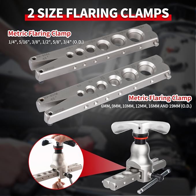 Flaring Tool Kit for 1/4-3/4 inch HVAC Copper Flare Tool with Metric and Imperial Clamps 45 Degree Eccentric Tube Flaring Gauge Flaring Tool Set for Copper Aluminum Pipe with Deburring Tool