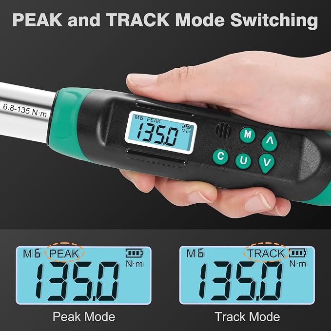 Digital Torque Wrench 3/8 Drive, 5–99.6 Ft-lbs / 6.8–135 N·m, ±2% Accuracy, Dual-Direction Ratchet, Electric Torque Wrench with Buzzer & LED Indicator for Bike, Motorcycle, Auto Repair