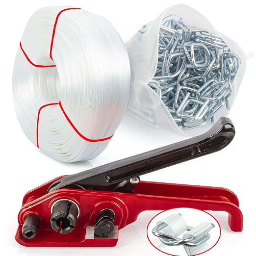 Heavy Duty Pallet Strapping Tools Kit for 1/2"~3/4" Strap,100 pcs Strapping Buckles and 3/4" x 820' Woven Cord Strapping Roll,2000 lbs Break Strength