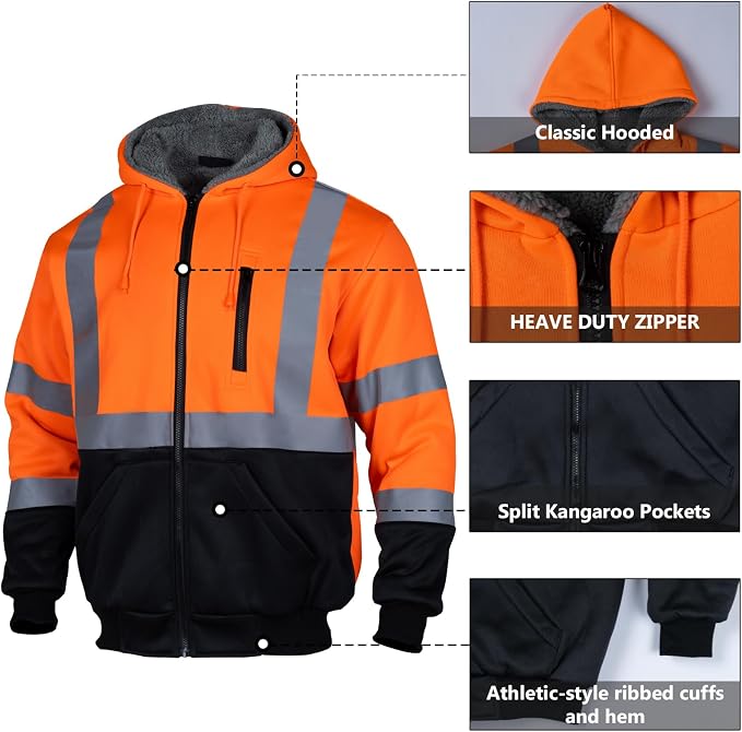 VENDACE Men's ANSI Class 3 High Vis Safety Reflective Sweatshirt Wool Fleece Zipper Jacket Hoodie with Black Bottom(Orange,L)