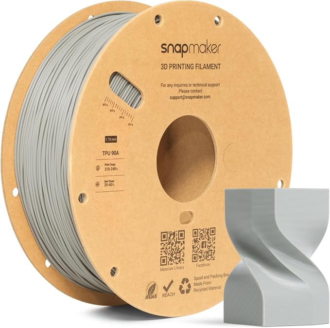 Snapmaker TPU Filament 1.75mm,Flexible TPU 90A 3D Printer Filament with High Elasticity,Dimensional Accuracy +/- 0.03mm,1kg(2.2lbs) (90A Gray)