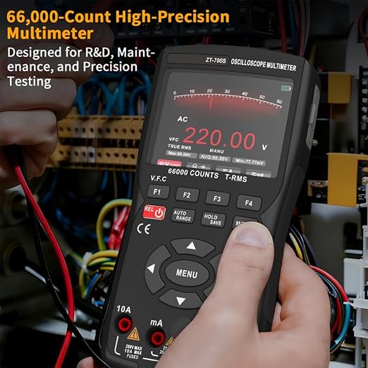706S 3-in-1 Handheld Oscilloscope Multimeter DDS Signal Generator, 2 Channel 50MHz Bandwidth 280MSa/s Sampling Rate, 66000 Counts Multimeter with VFC, Diode Test & Waveform Recording
