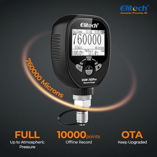 Elitech Full-Range Micron Gauge, 0-760000 Micron, Wireless Digital Vacuum Gauge with Adaptor Pressure Tester Meter HVAC, Alarms via APP, Offline Recording, 1/4" SAE, VGW-760Pro