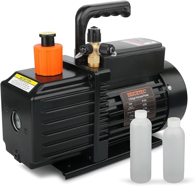 5 CFM 1/2 HP 2 Stage HVAC Vacuum Pump, Sparkless for A1 & A2L Refrigerants (R32, R1234yf, R134a, R22, R410A), 0.3 Pa Ultimate Vacuum HVAC & Automotive AC Systems