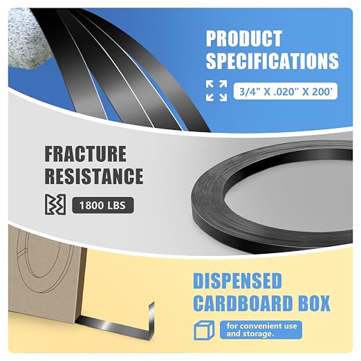 3/4" x .020" x 200' Black Steel Strapping Coil with Portable Dispensed Box Painted and Waxed Metal Band for Pallet Banding(1800 lbs Break Strength)