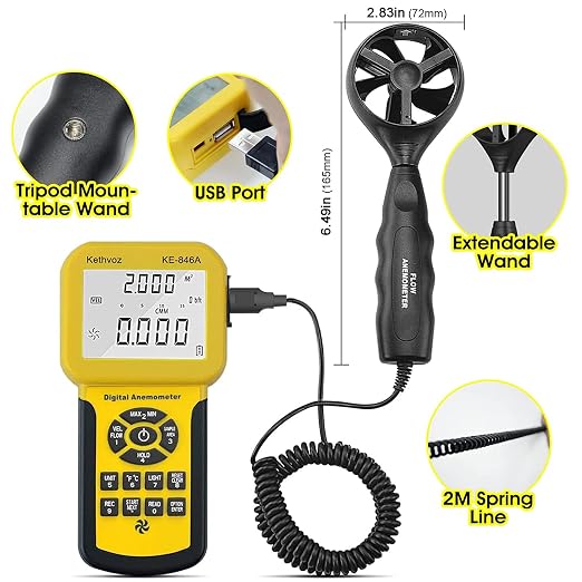 Kethvoz HVAC Anemometer CFM Wind Speed Meter, Digital Airflow Tester Measure Air Velocity Volume Temperature for AC System, Industrial Anemometro with Backlight MAX MIN AVG Data Storage KE-846A
