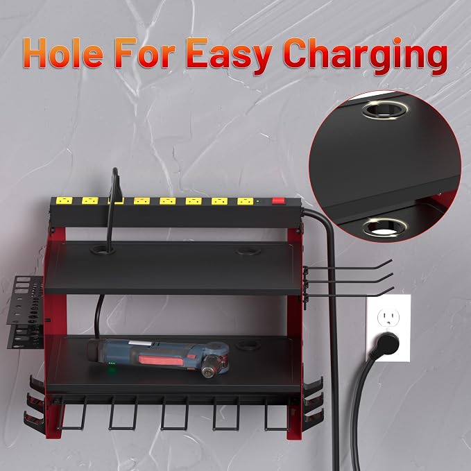 Power Tool Organizer Wall Mount with Charging Station & 8 Outlet,3 Layer Heavy Duty Metal Rack Holds 200lbs for Garage Organization,4 Cordless Drill Holders,Day Gift for Men,Dark Red