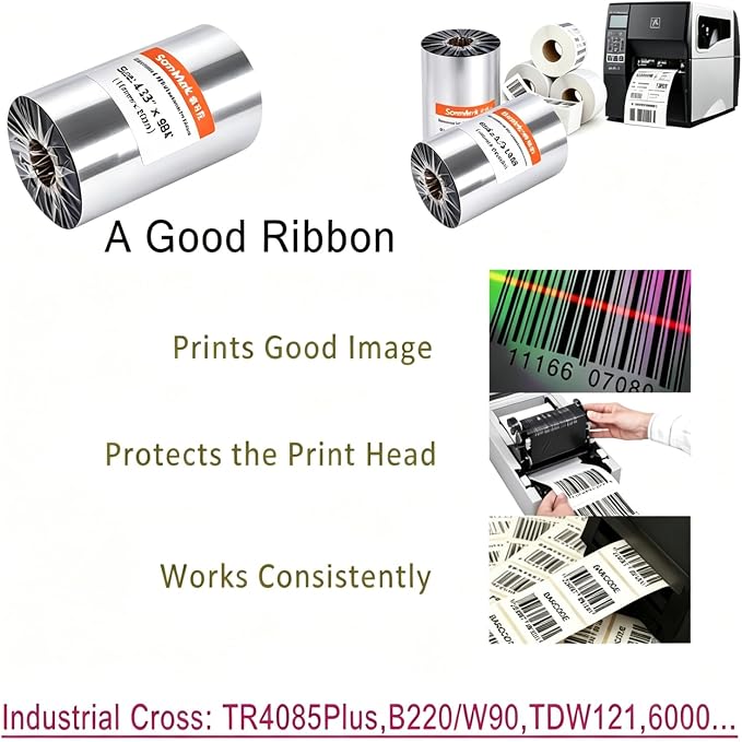 4.33" x 984' Premium Resin Enhanced Wax Ribbon110mm X 300m Thermal Transfer Wax Resin Ribbon,Barcode Thermal Label Printer Ribbon,1'' Core for Zebra, TSC, GoDex, Citizen (1 Roll)
