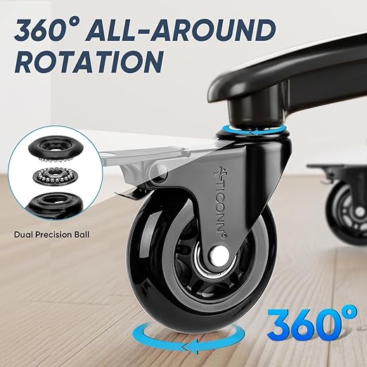 TICONN Office Chair Caster Wheels Set of 5 for Tile, Hardwood Floors and Carpets, Universal Fit for Most Chairs (Black with Brake)