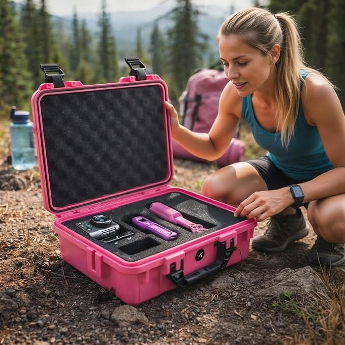 Relaxweex 1 Pcs 11.3 x 8.6 x 4.2 Inch Waterproof Hard Case with DIY Customizable Foam Insert Portable Protective Case with Knife for Camera Drones Equipments Tools Test Instruments(Rose Red)