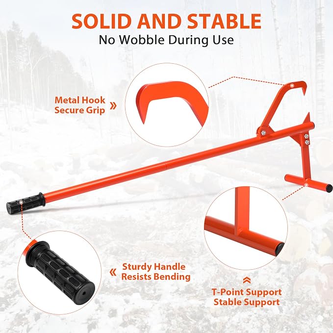 51" Long Handle Log Lifter, Adjustable Heavy Duty Log Roller, Cant Hook with Rubber Grip, Logging Tool for Rolling and Raising Log (Orange)