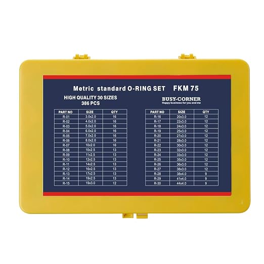 BUSY-CORNER 386 Pieces FKM O Ring Kit, Fluorocarbon 75A, 30 Metric Sizes, Chemical Resistant and Oil Resistance O-Rings for Various Chemicals, Hydraulic, Cylinders, Plumbing (Yellow Box, Brown Orings)