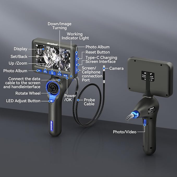 4-Way 360° Articulating Borescope with Light & Detachable Joystick, 5" HD Screen 6.2mm/0.24 in Slim Inspection Camera, 4.0Ft Semi-Rigid Cable for Automotive,HVAC,Mechanical